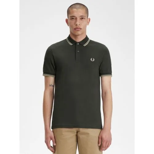 Fred Perry Mens Field Green Oatmeal Twin Tipped Polo Shirt
