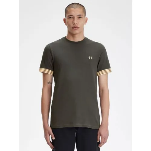 Fred Perry Mens Field Green Striped Cuff T-Shirt