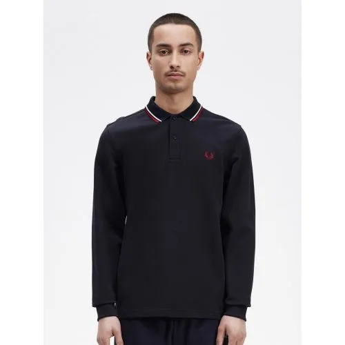 Fred Perry Mens Navy Snow White Long Sleeve Twin Tipped Polo Shirt