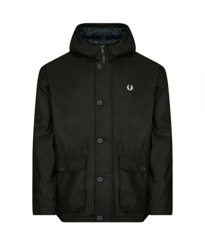 Fred Perry Mens Short Cotton Twill Parka Night Green Hooded Jacket