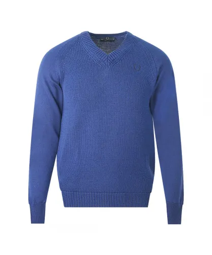 Fred Perry Mens V-Neck Cable Blue Jumper Wool