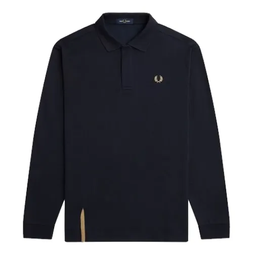 Fred Perry , Navy Hem Detail Long Sleeve Polo ,Blue male, Sizes:
