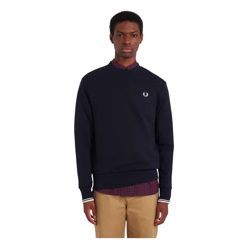 Fred Perry , Nay Crew Neck Sweatshirt with White Stripes ,Blue male, Sizes: