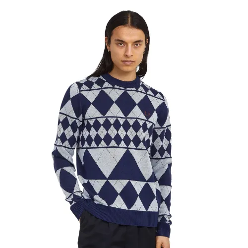 Fred Perry , Paneled Argyle Crew Neck Sweater ,Blue male, Sizes: