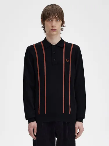 Fred Perry Textured Knit Long Sleeve Polo Shirt, Black/Red - Black/Red - Male