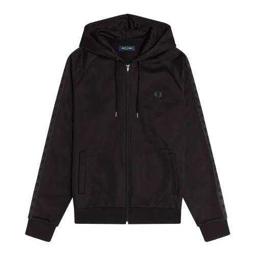 Fred Perry , Zip Hooded Sweatshirt with Adhesie Tape ,Black male, Sizes: