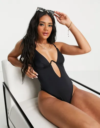 Free Society monowire swimsuit with deep plunge cut out detail in black