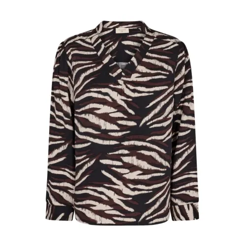 Freequent , Animal Print Blouse with V-Neck and Long Sleeves ,Black female, Sizes: