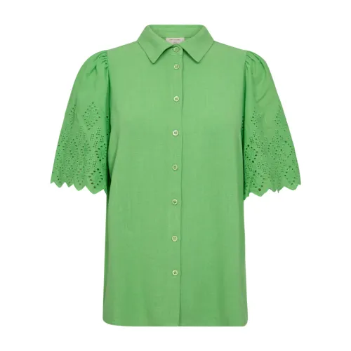 Freequent , Green Linen Blend Short Sleeve Blouse ,Green female, Sizes: