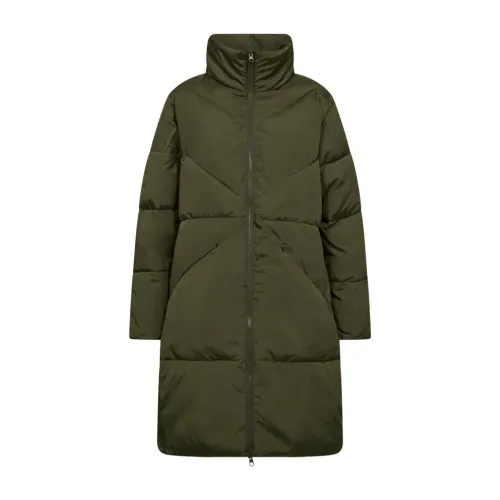 Freequent , Quilted Long Jacket with High Neck and Zipper ,Green female, Sizes: