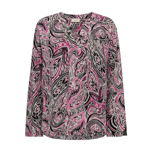 Freequent , Rose Print Blouse with V-Neck and Long Sleeves ,Pink female, Sizes: