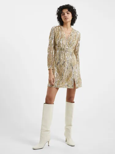 French Connection Deniz Embellished Long Sleeve Mini Dress, Cement/Gold - Cement/Gold - Female