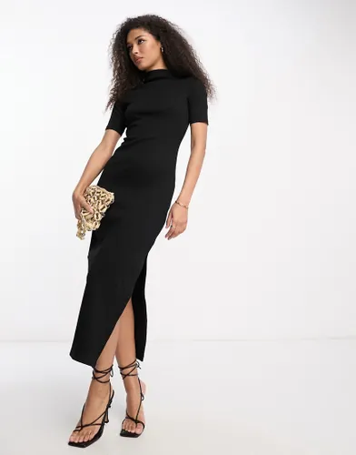 French Connection high neck ribbed short sleeve maxi dress in black