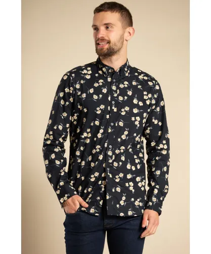 French Connection Mens Cotton Long Sleeve Floral Shirt - Navy