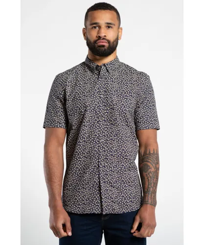 French Connection Mens Cotton Short Sleeve Floral Shirt - Navy