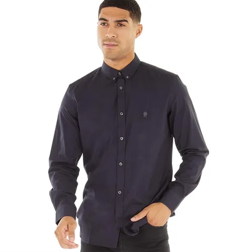French Connection Mens Long Sleeve Oxford Shirt Solid Marine/Gunmetal