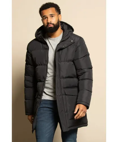 French Connection Mens Quilted Hooded Parka Longline Jacket - Black