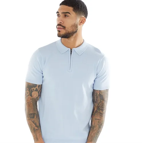 French Connection Mens Short Sleeve Cotton Zip Knit Polo Sky