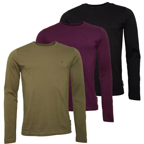 French Connection Mens Three Pack Long Sleeve Crew T-Shirts Multi - Black/Khaki/Chateaux