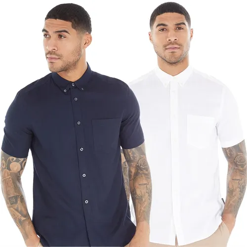 French Connection Mens Two Pack Short Sleeve Linen Shirts White/Marine