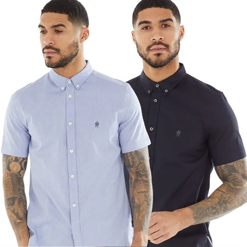 French Connection Mens Two Pack Short Sleeve Oxford Shirts Solid Marine/Mid Blue