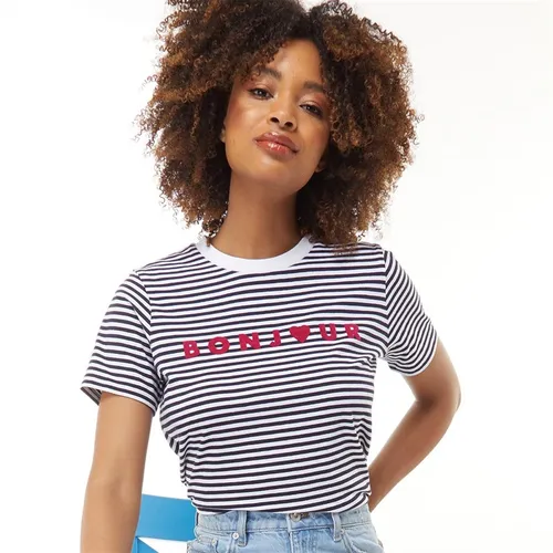 French Connection Womens Bonjour Stripe T-Shirt Dark Navy/White/Hot Pink
