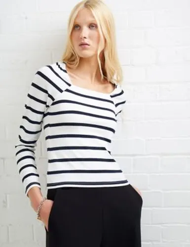 French Connection Womens Cotton Rich Striped Square Neck Top - White Mix, White Mix