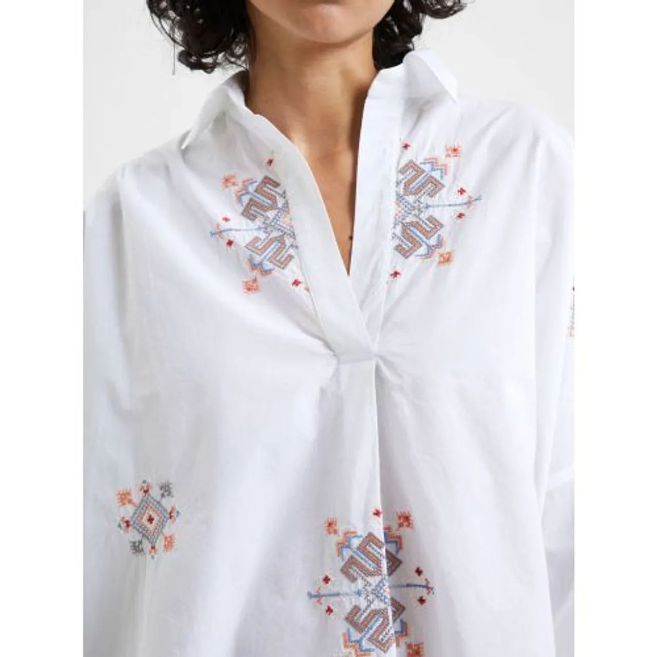 French Connection Womens Linen White Embroidered Rhodes Popover Shirt