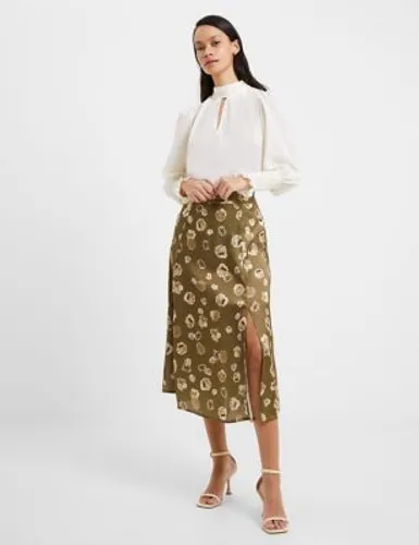 French Connection Womens Satin Floral Midi Split Front A-Line Skirt - 8 - Green Mix, Green Mix