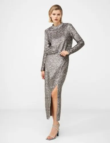French Connection Womens Sequin Side Split Midi Pencil Skirt - 10 - Silver, Silver