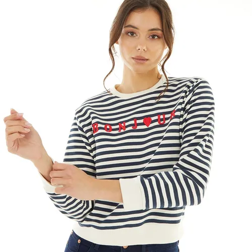 French Connection Womens Stripe Emb Bonjour Boxy Sweatshirt Dark Navy/White/Poppy