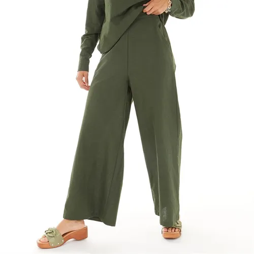French Connection Womens Wide Leg Pants Linen Blend Trousers Olive