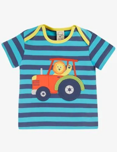 Frugi Boys Pure Cotton Striped Tractor T-Shirt (0-3 Yrs) - 6-9 M - Blue, Blue