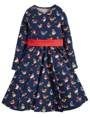 Frugi Girls Cotton Rich Robin Print Dress - 6-7 YREG - Navy, Navy