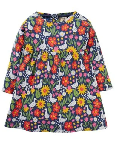 Frugi Girls Organic Cotton Floral & Ducks Dress (0-4 Yrs) - 3-4 Y - Navy, Navy
