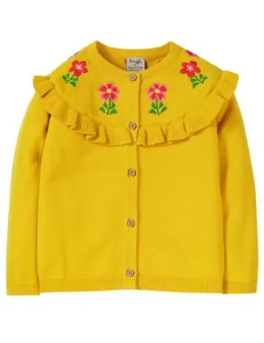 Frugi Girls Pure Cotton Floral Ruffle Cardigan (5-10 Yrs) - 6-7 Y - Yellow, Yellow