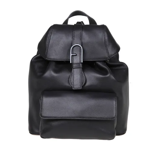 Furla , Black Leather Backpack with Front Pocket ,Black female, Sizes: ONE SIZE