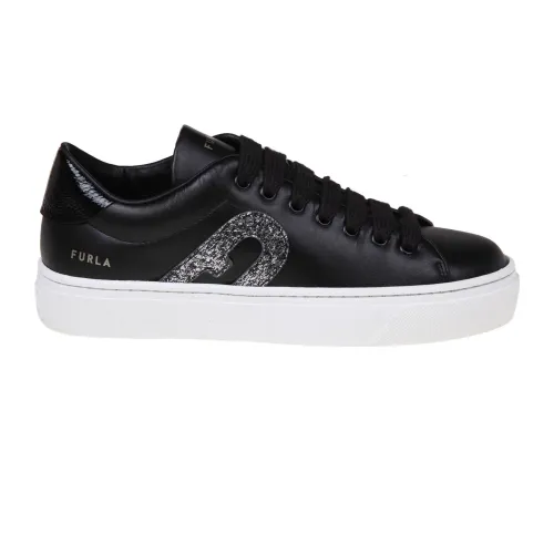 Furla , Lace Up Sneakers in Black Leather ,Black female, Sizes: