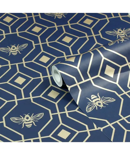 furn. Bee Deco Gold Geometric Foil Wallpaper - Blue - One