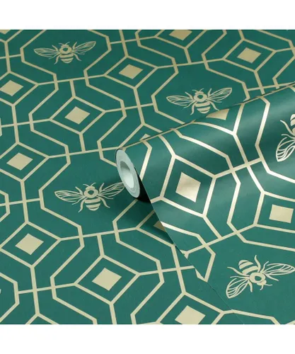 furn. Bee Deco Gold Geometric Foil Wallpaper - Emerald - One