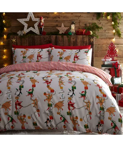 furn. Santas Workshop Christmas Duvet Cover Set - White Cotton - Size Single