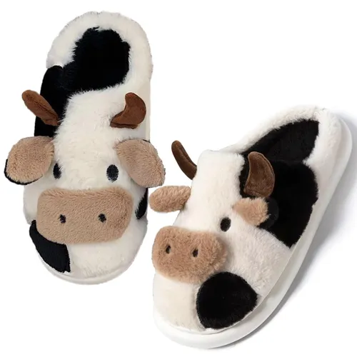 Fuzzy Cow Slippers for Women