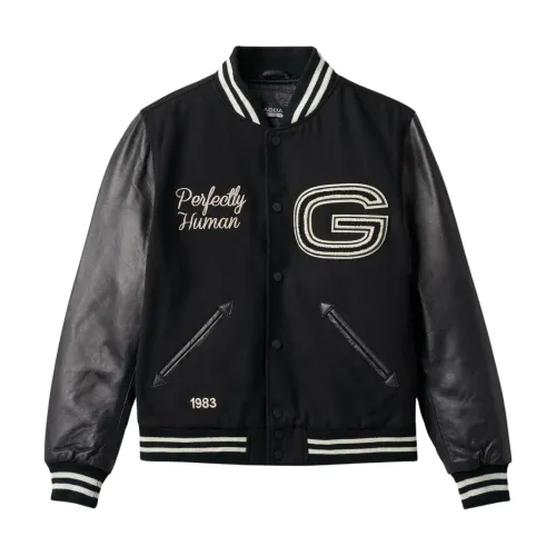 Gabba , Black Wool Blend Varsity Jacket with Leather Sleeves ,Black male, Sizes: