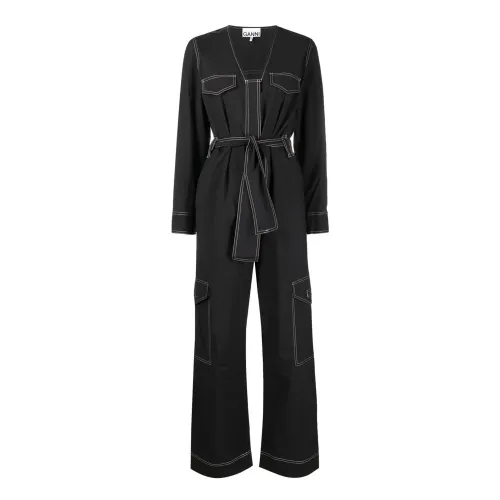 Ganni , Belted Contrast Stitch Jumpsuit ,Black female, Sizes:
