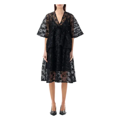 Ganni , Black Ribbon Tulle Flounce Midi Dress ,Black female, Sizes: