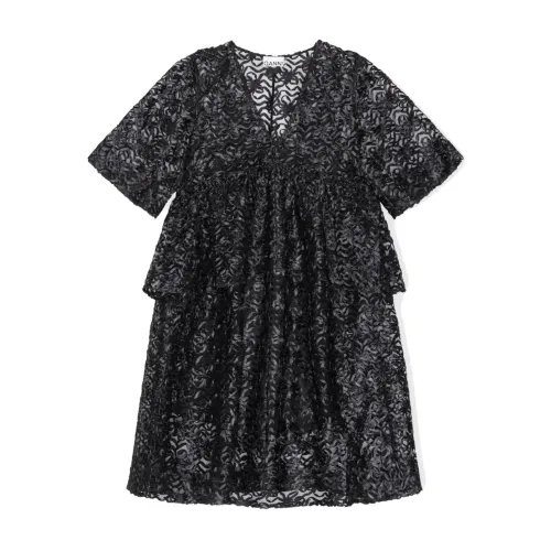 Ganni , Black V-Neckline Dress with Short Wide Sleeves ,Black female, Sizes: