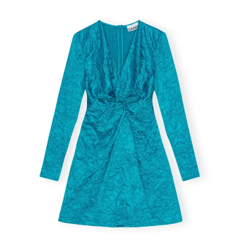 Ganni , Blue Crinkled Satin Gathered Knot Mini Dress ,Blue female, Sizes: