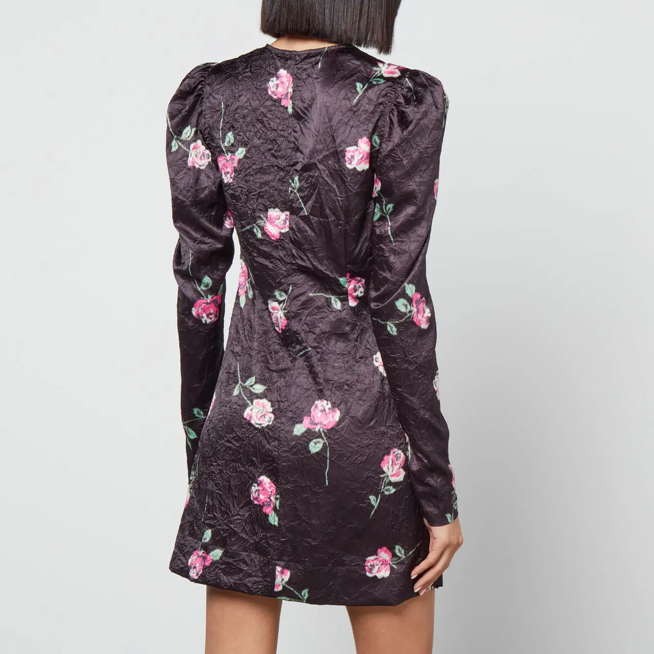 Ganni Floral-Print Crinkled Satin Mini Dress - EU 34/
