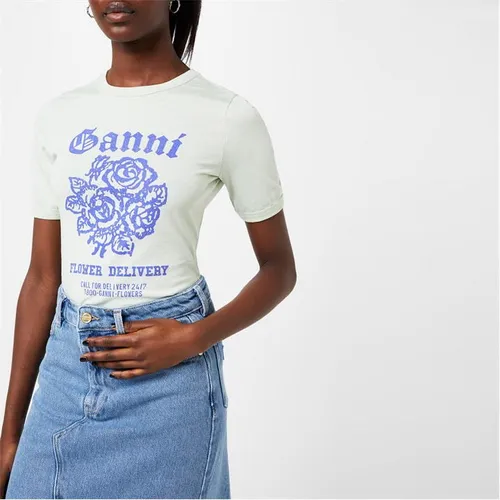 GANNI Flower Cotton Fitted T-Shirt - Blue