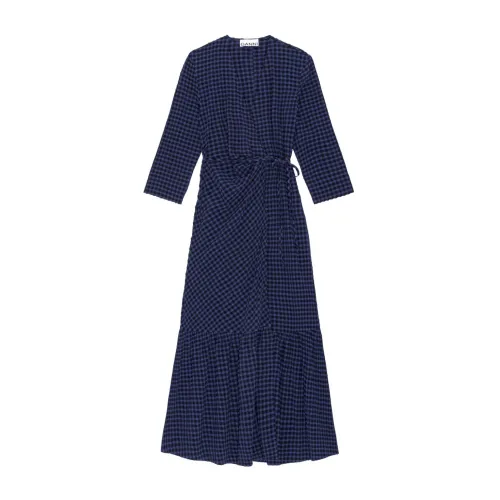 Ganni , Gathered Midi Wrap Dress ,Blue female, Sizes: